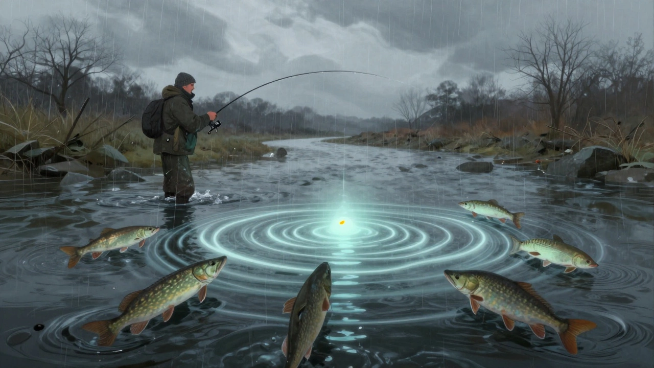 Рыбак забрасывает удочку, а под водой невидимые волны аромата привлекают стаю рыбы.