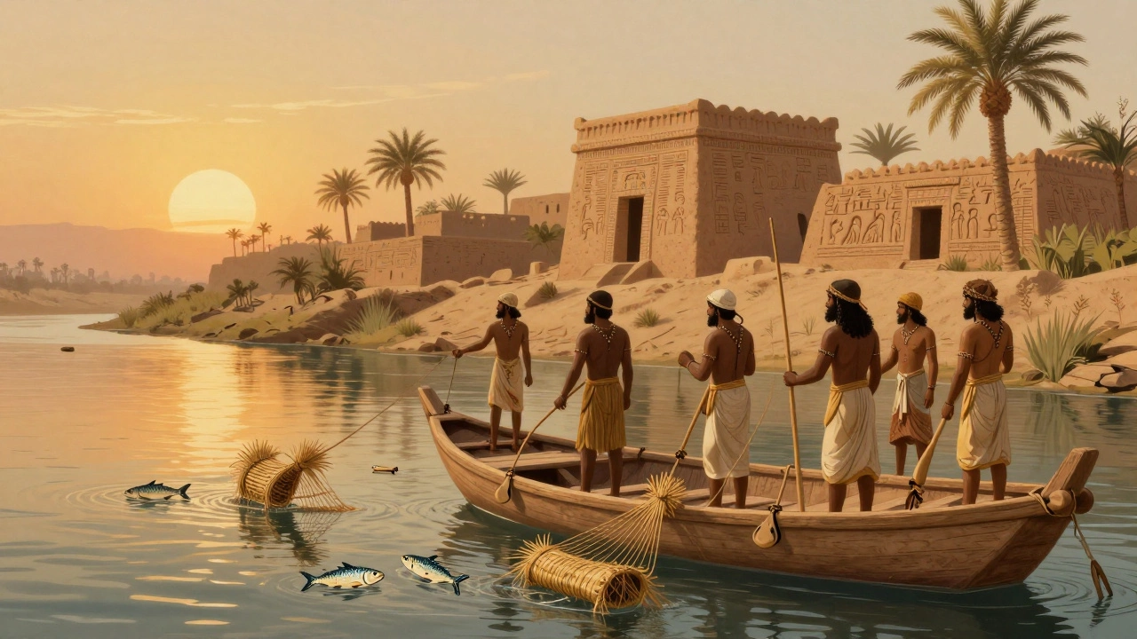 Рыбаки в древней Месопотамии ловят рыбу в реке Евфрат с помощью ловушек из тростника.