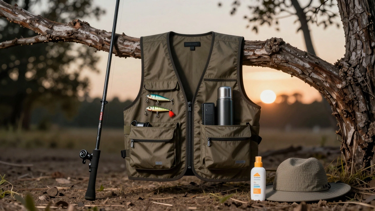 Рыболовный жилет с снастями, термосом и пауэр-банком, висящий на ветке дерева.