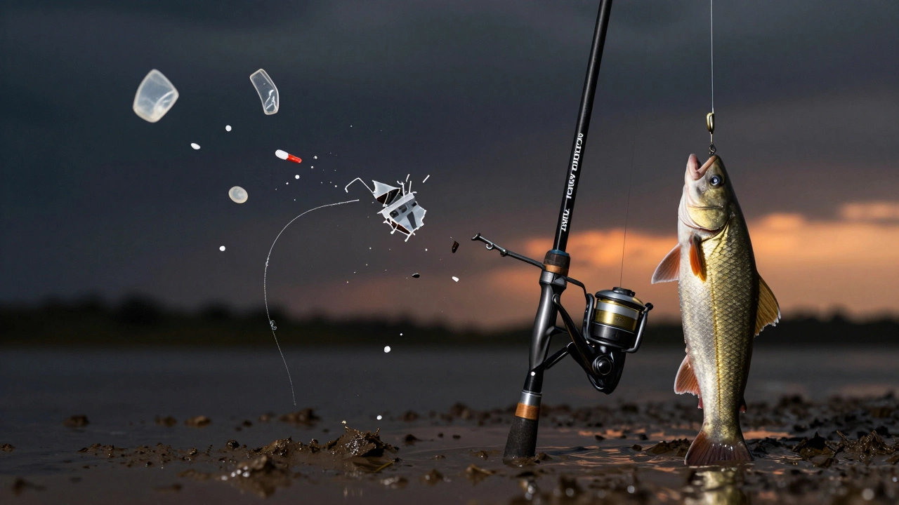 Сломанная дешевая удочка рядом с прочной — символ хрупкости и надежности в рыбалке.