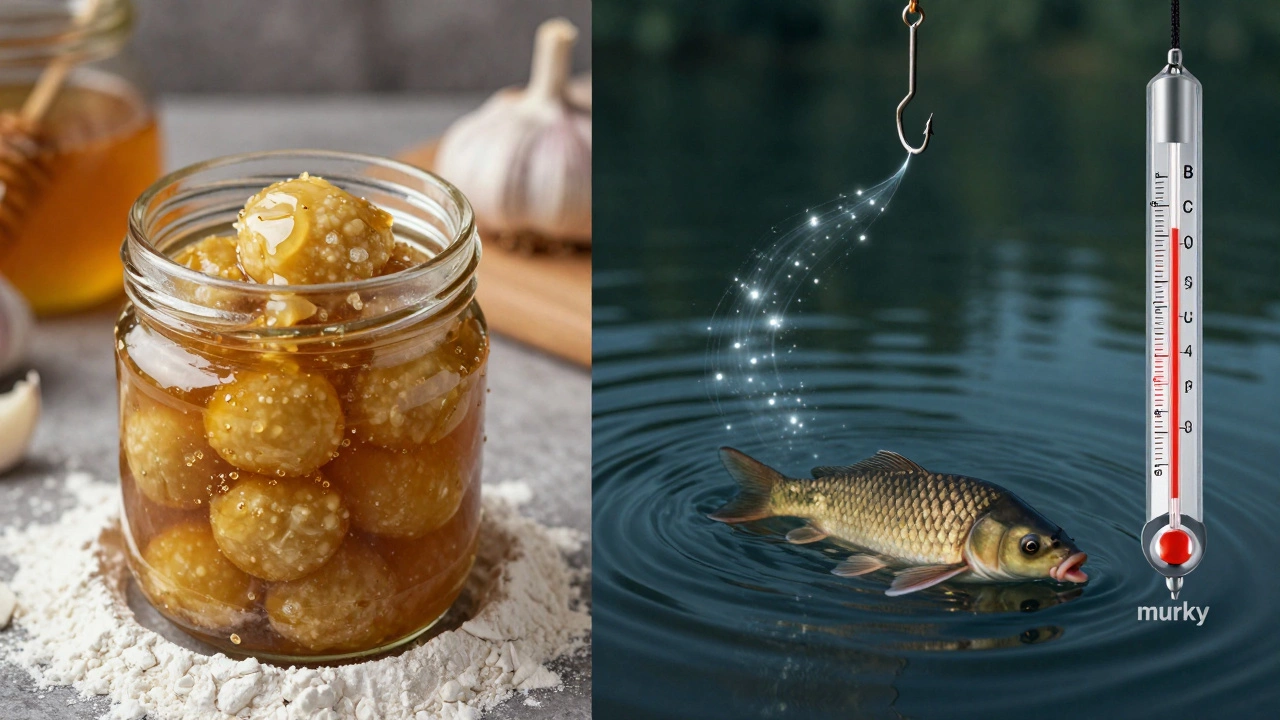 Сравнение: свежий чеснок в пасте и его действие в воде — аромат привлекает карпа в холодной мутной среде.