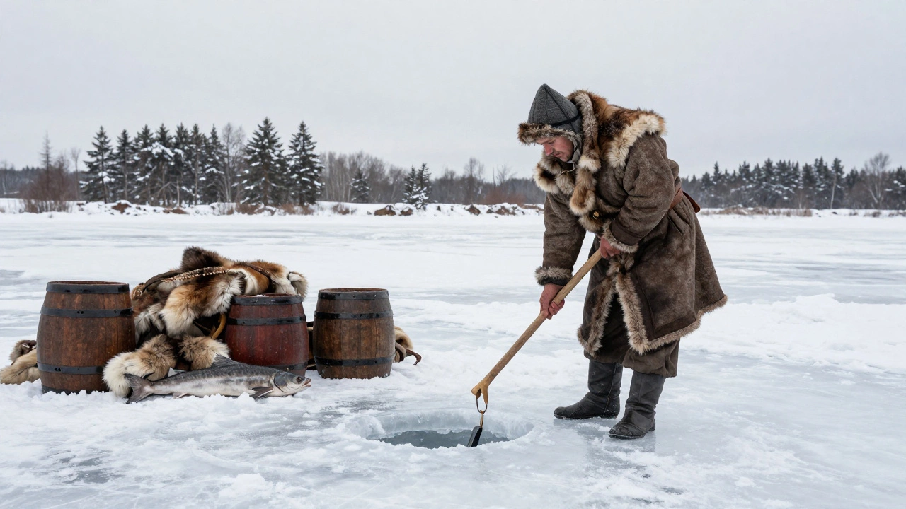 Средневековый рыбак в Новгороде ловит рыбу через ледяную дыру зимой.