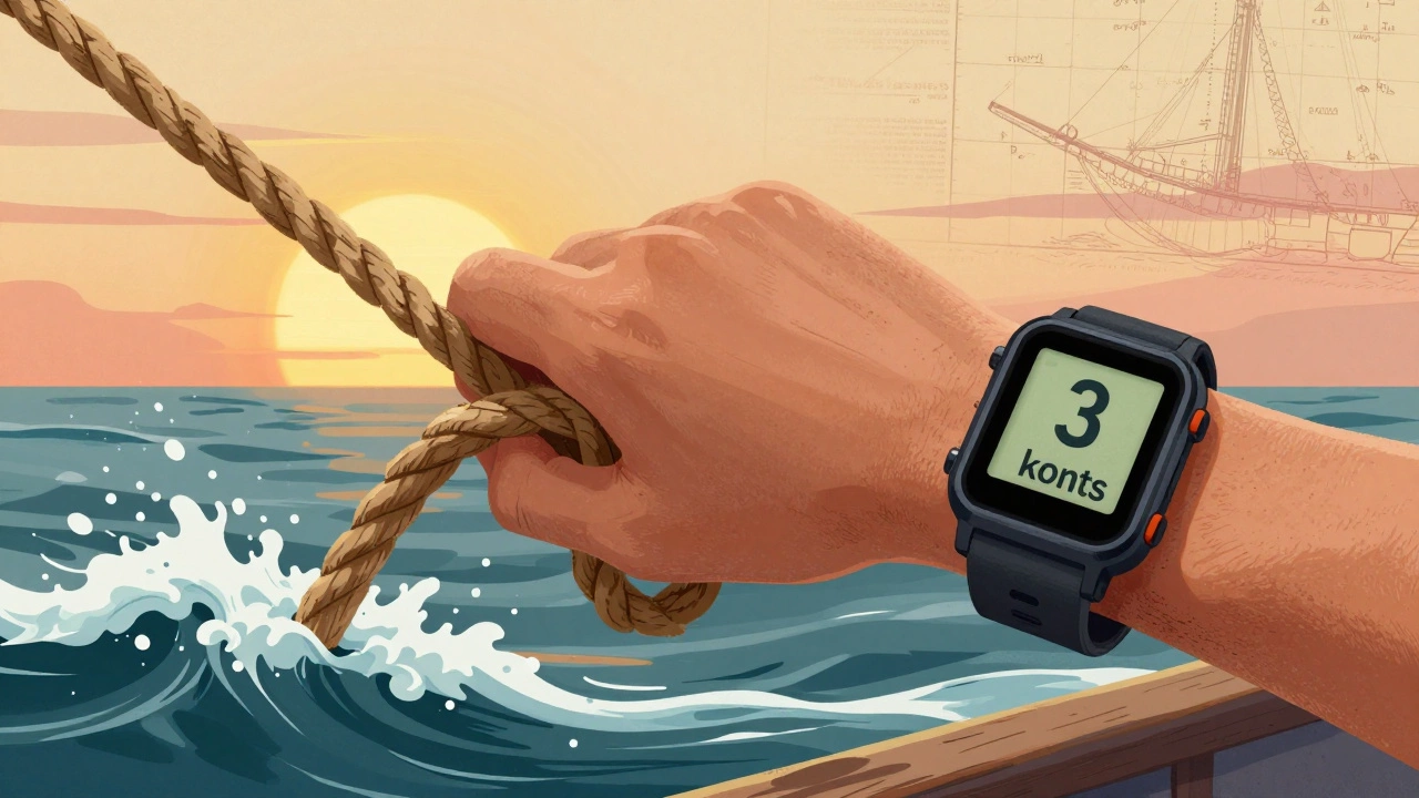 Старинный узел на веревке рядом с современным GPS-дисплеем, показывающим 3 узла.
