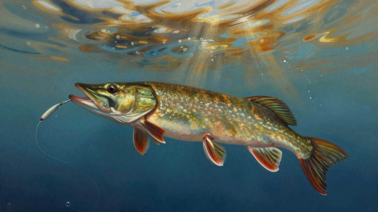 Щука в воде при 15°C, готовая к атаке, с видимым тепловым градиентом вокруг неё.