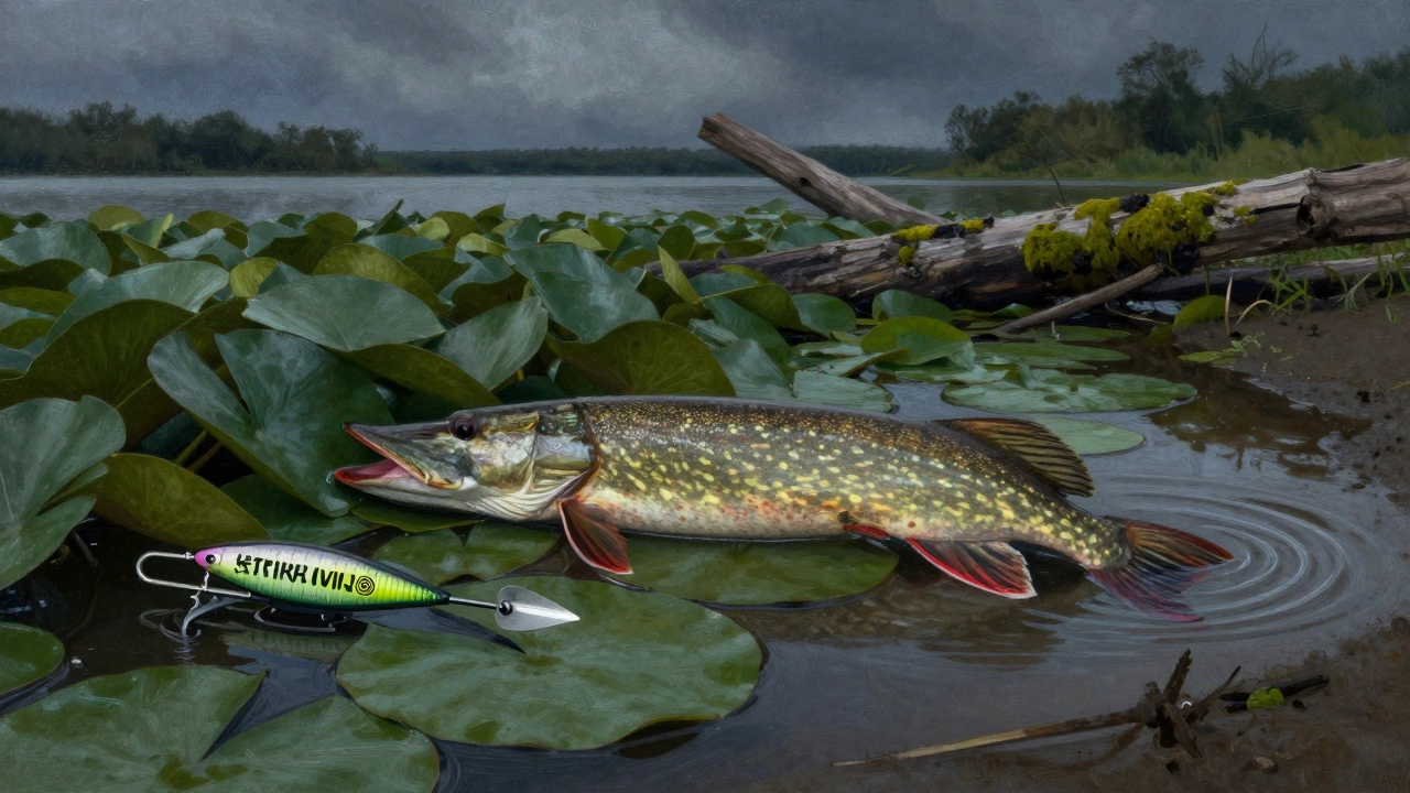 Щука затаилась в водорослях, за ней медленно падает спиннербейт с красным хвостиком.