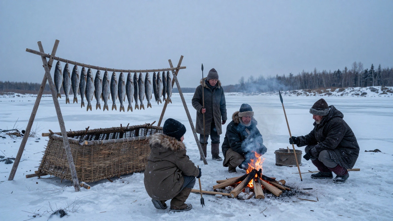 Сушёная рыба висит над поселением у замерзшей реки в Сибири.