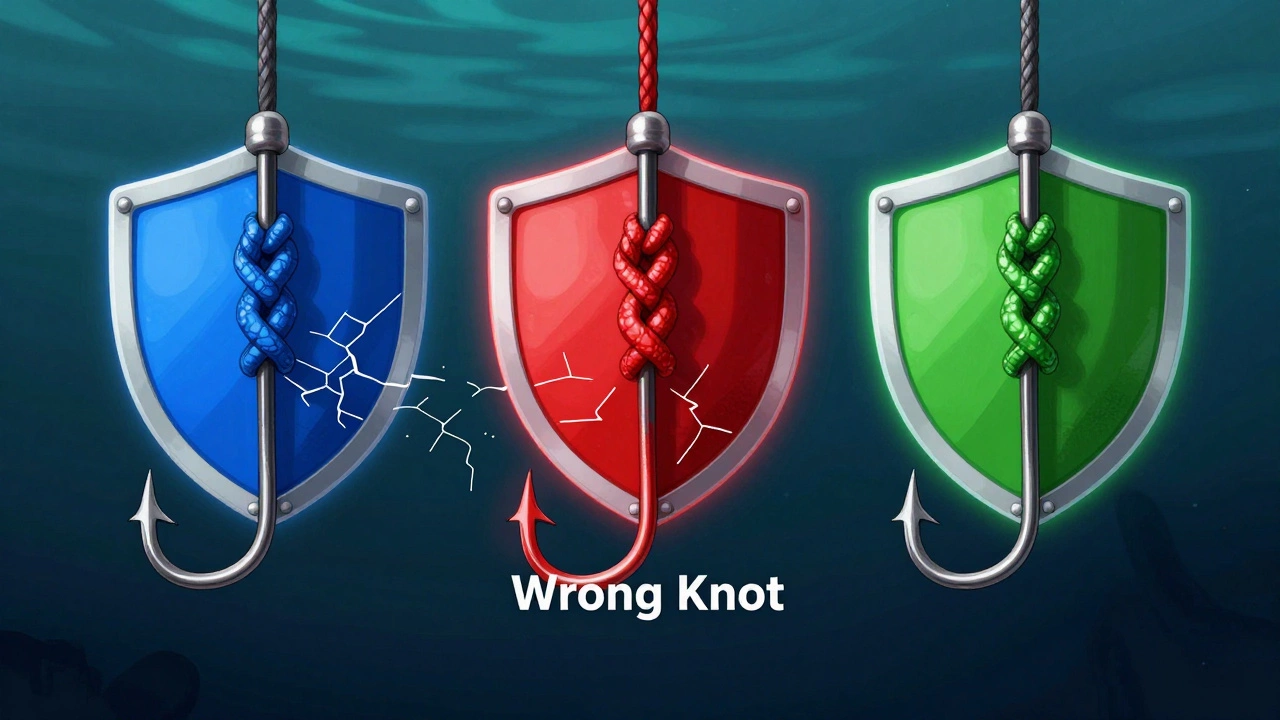 Три надежных рыболовных узла в виде щитов, защищающих крючок от разрушения.