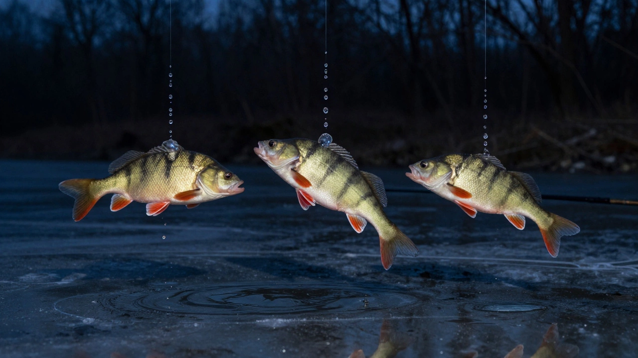Три рыбы в воздухе, замершие после точного удара в область под жабрами, капли воды висят вокруг.