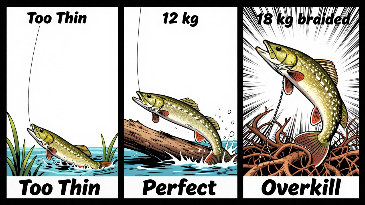 Три сцены рыбалки: леска рвется, леска выдерживает, леска слишком толстая — без текста.