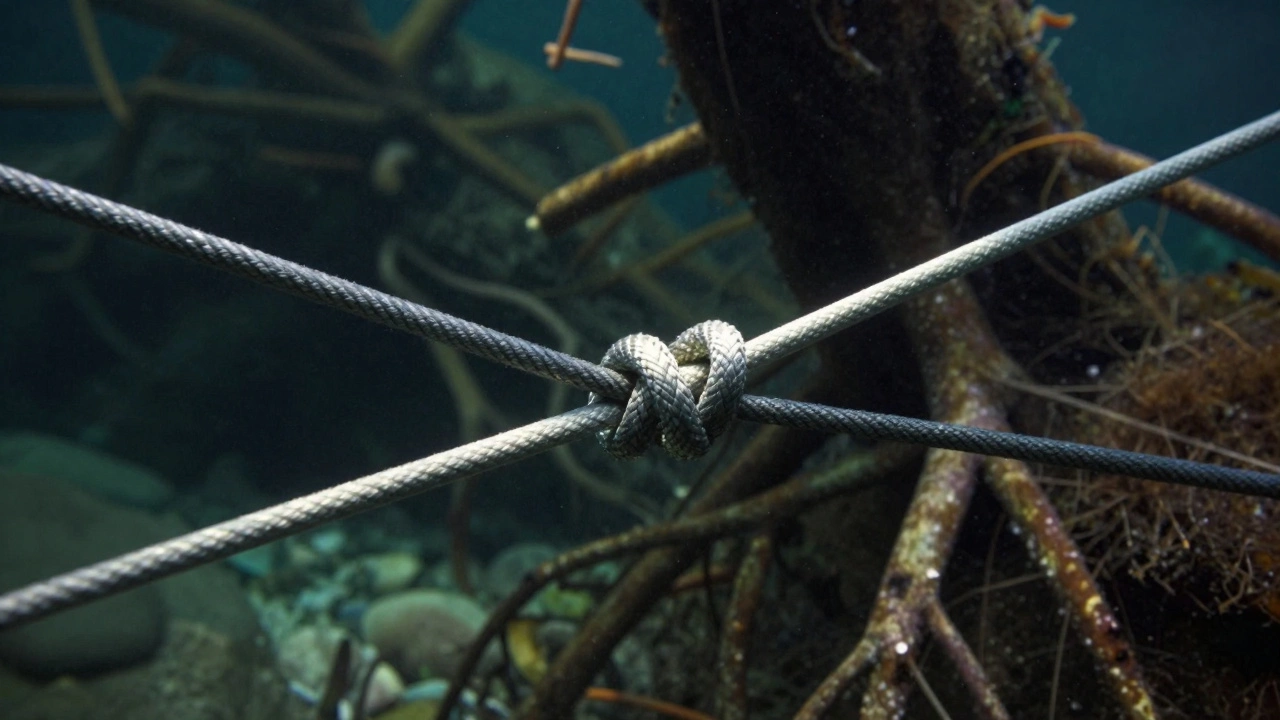 Узел Графф соединяет две лески разной толщины, на фоне подводных коряг и камней.