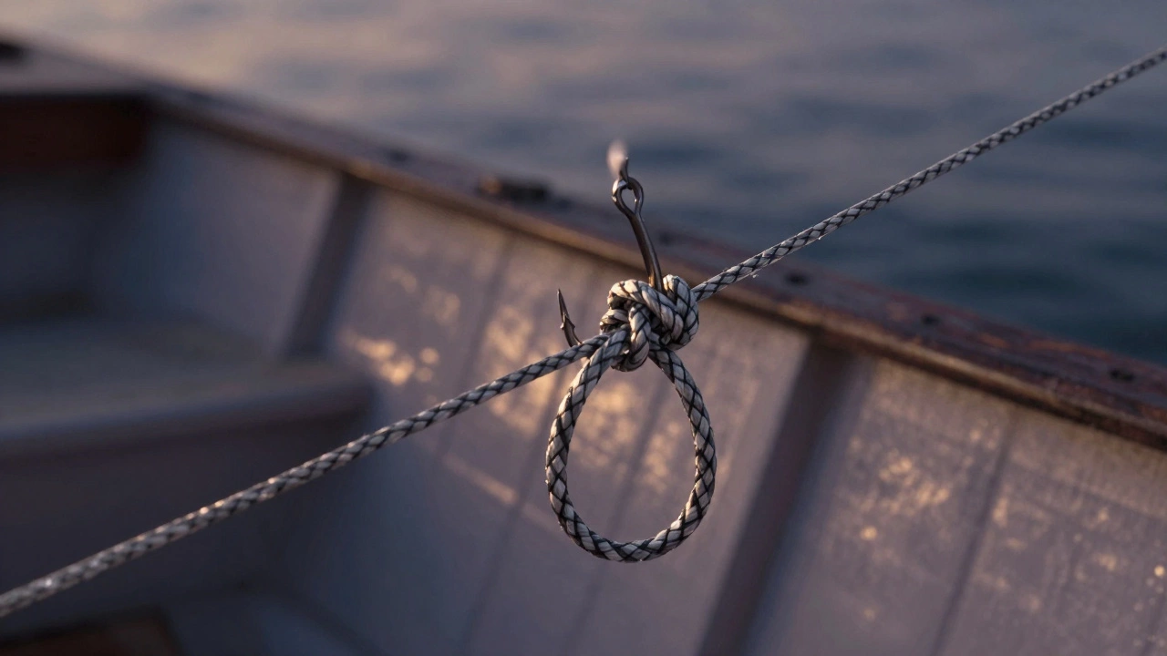 Узел Паломар на плетеной леске, продетый через ушко крючка, на фоне рыболовной лодки.