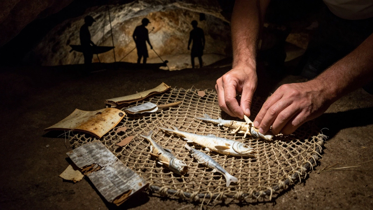 В пещере обнаружены древние рыболовные сети из лыка с узлами.