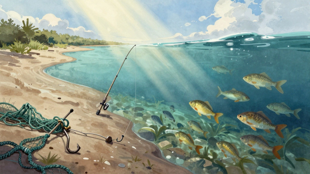 Восстановленная экосистема реки: здоровая рыба и один законный крючок на берегу.