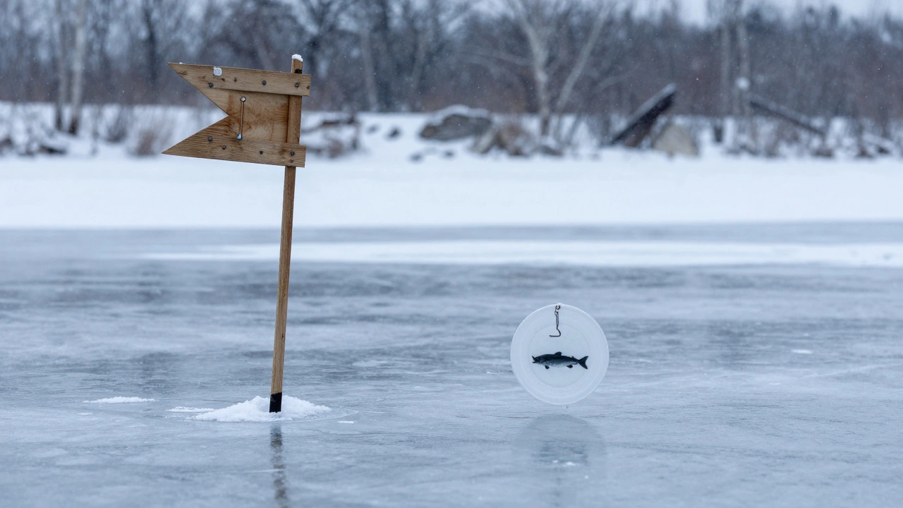 Зимняя жерлица на льду с флагом и кружком в прозрачной воде.