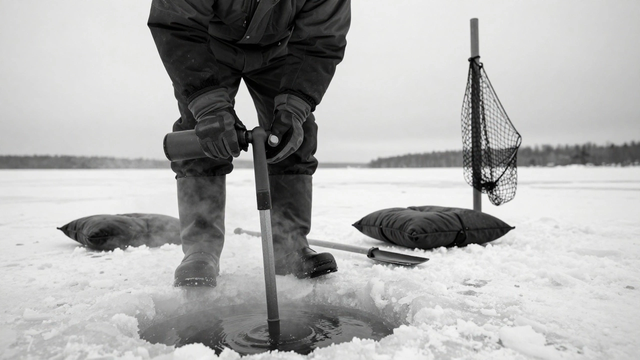 Зимний рыбак сверлит лунку в льду с помощью ручного бура, рядом термос и ледоруб, на льду стоит сидушка.