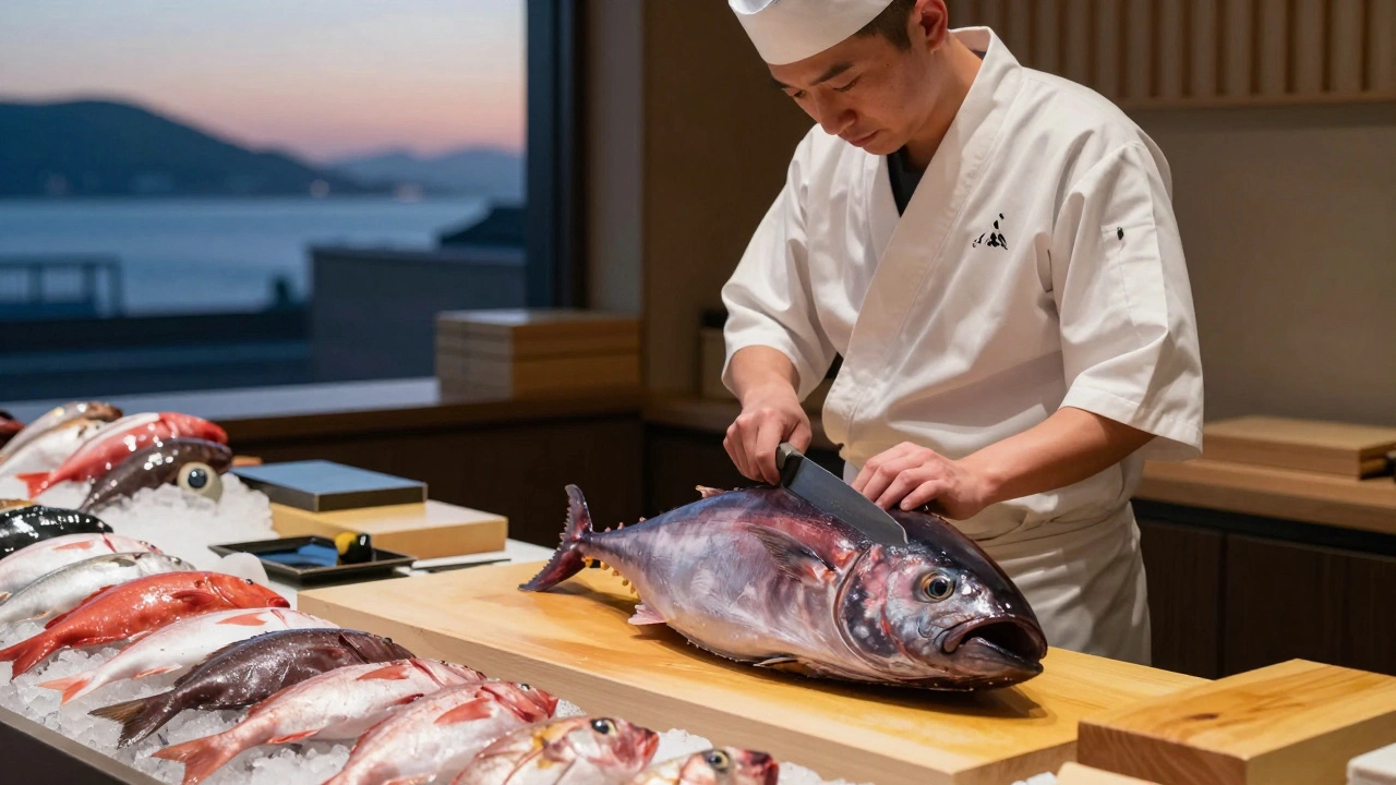Японский повар нарезает свежего тунца с безупречной точностью на рынке.