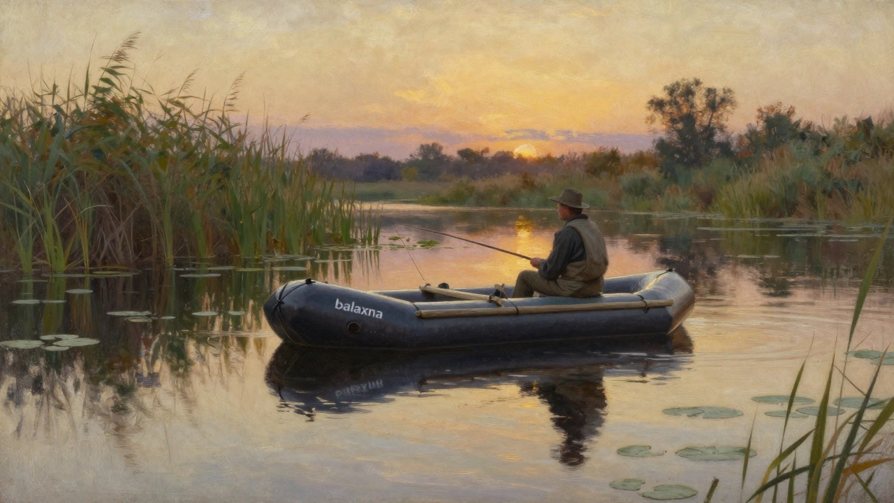 Балахна — плот из кожаных мешков — на болотистой реке с рыбаком на борту.