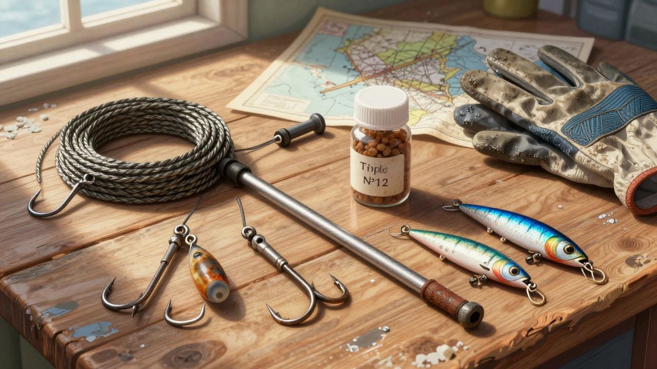 Детальный набор морских снастей на деревянном столе: леска, крючки, грузила и наживка.