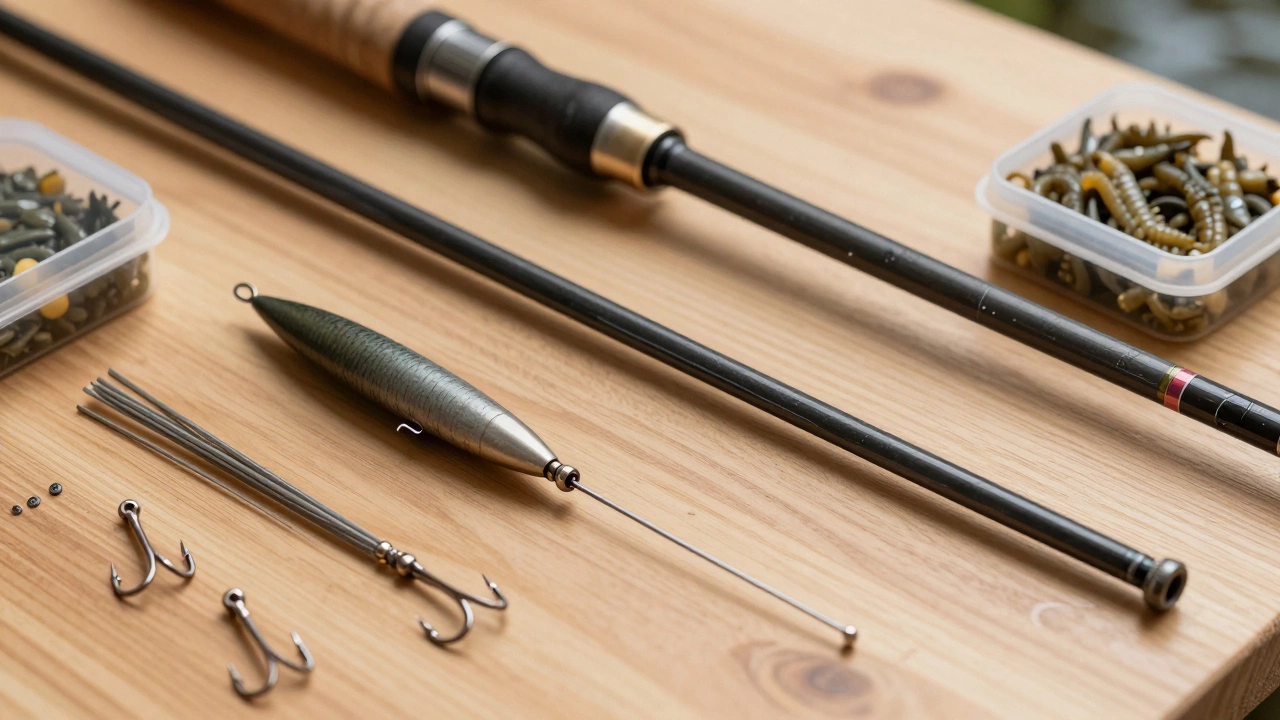 Детальный обзор донной снасти: грузило, крючки и поводки на деревянном столе.