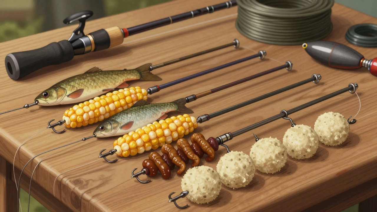 Детальный вид многокрючковой снасти с разными насадками на поводках, лежащей на деревянном столе.