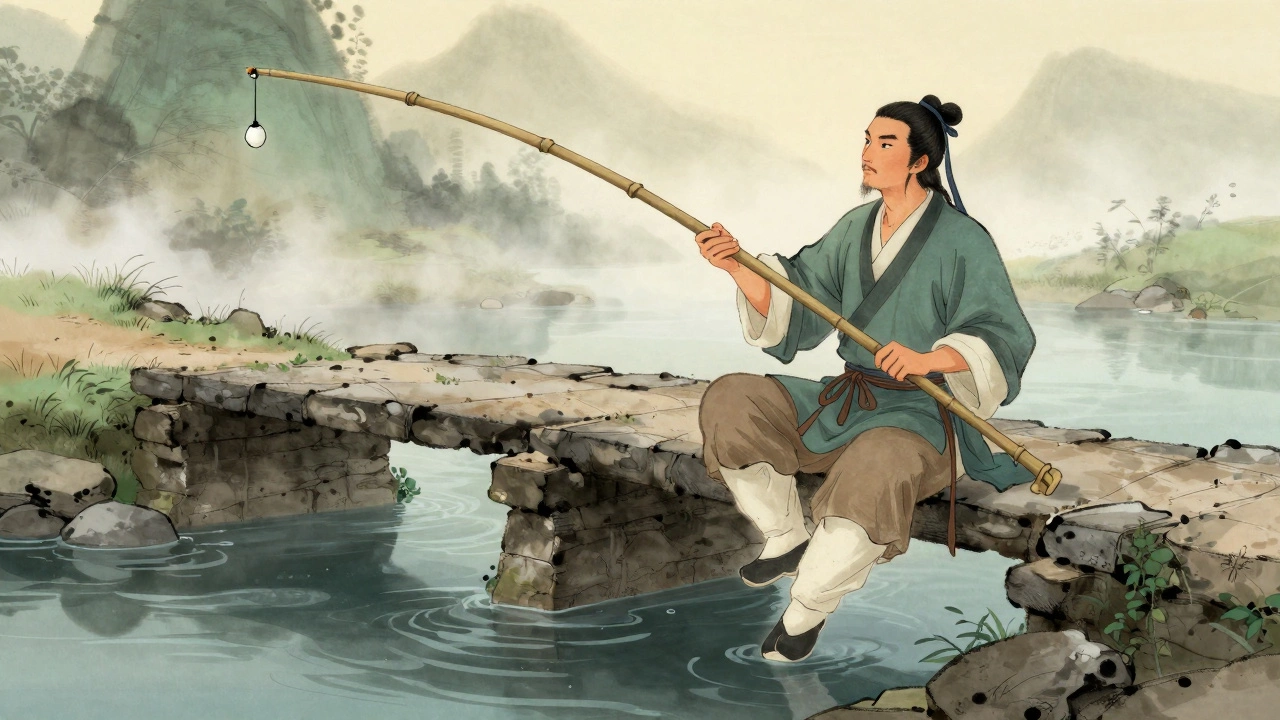 Древний рыбак с бамбуковой удочкой и поплавком на фоне природы.