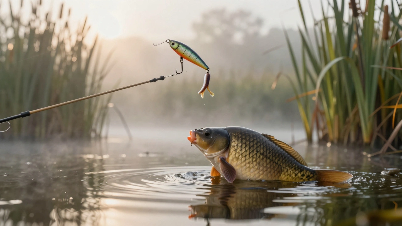 Гибридная снасть: поппер и червь вместе привлекают карася в туманном пруду.