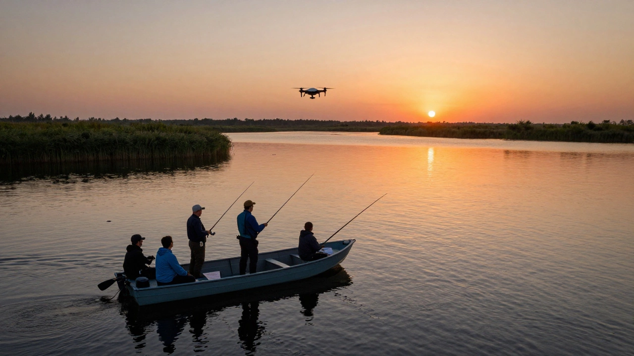Инспектор с дроном над озером, следящий за соблюдением правил рыбалки.