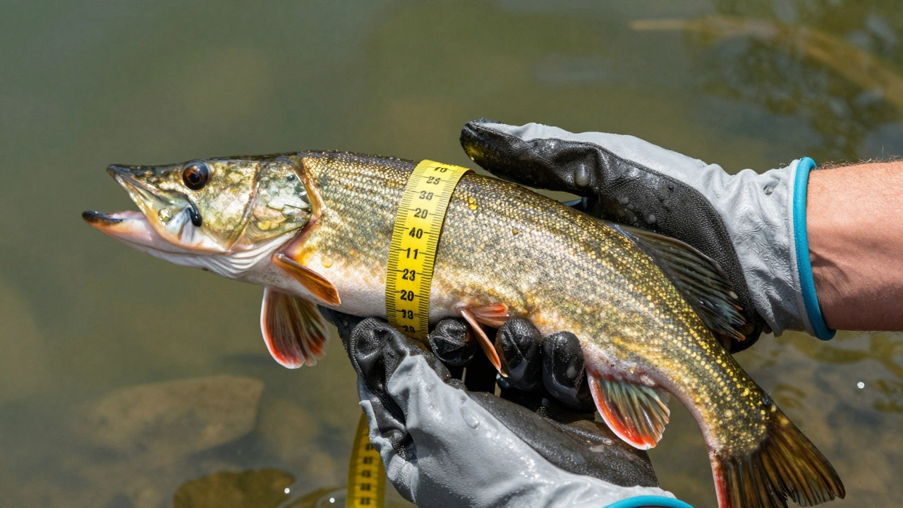 Измерение длины пойманной рыбы гибкой лентой