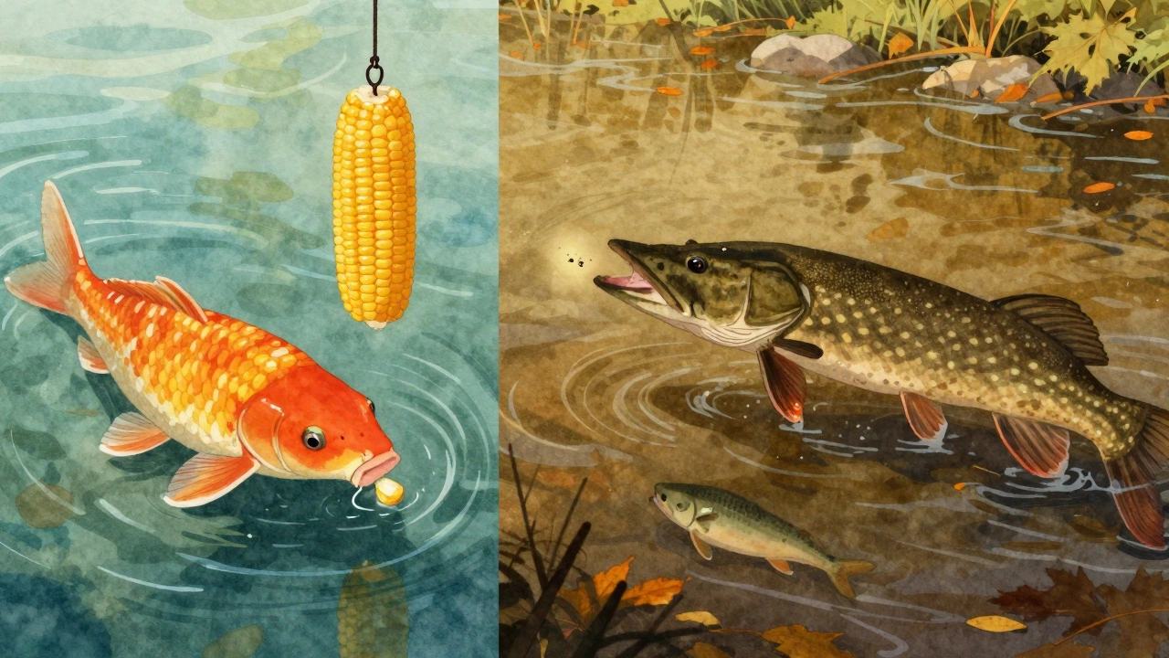 Карп клюет на кукурузу, а щука атакует живца — два сценария ловли в разное время года.