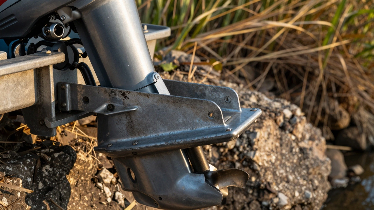 Крупный план металлического транца и двигателя лодки у камыша.