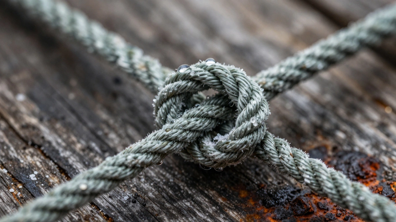 Крупный план морского узла на рыболовной леске с каплями воды.