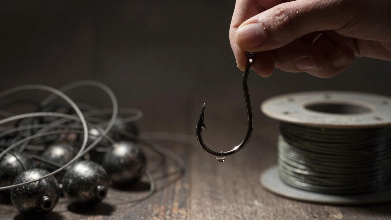 Крупный план острого рыболовного крючка с каплями воды, на фоне разложенных грузил и лески.