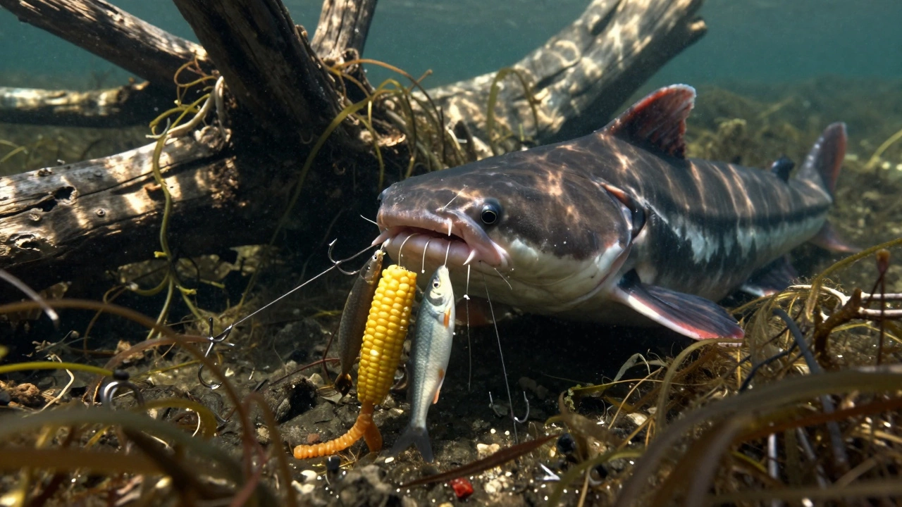 Крупный сом на дне реки осторожно исследует несколько крючков с разными насадками, солнечные блики в воде.
