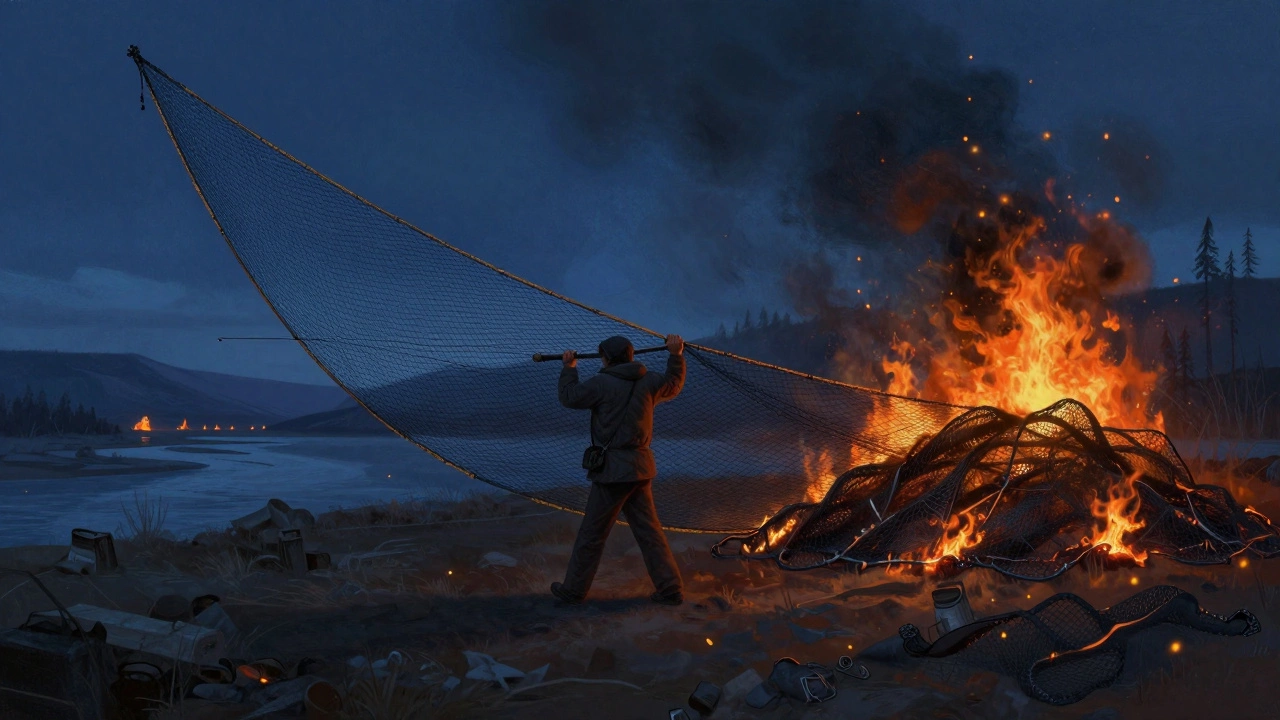 Легальная сеть пересекает границу России, а позади — горящие конфискованные сети с запрещённой ячейкой.