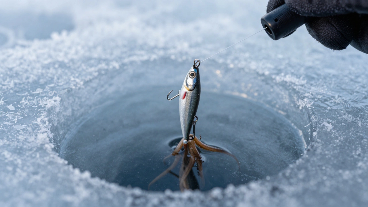 Макро снимок мормышки и насадки над лункой