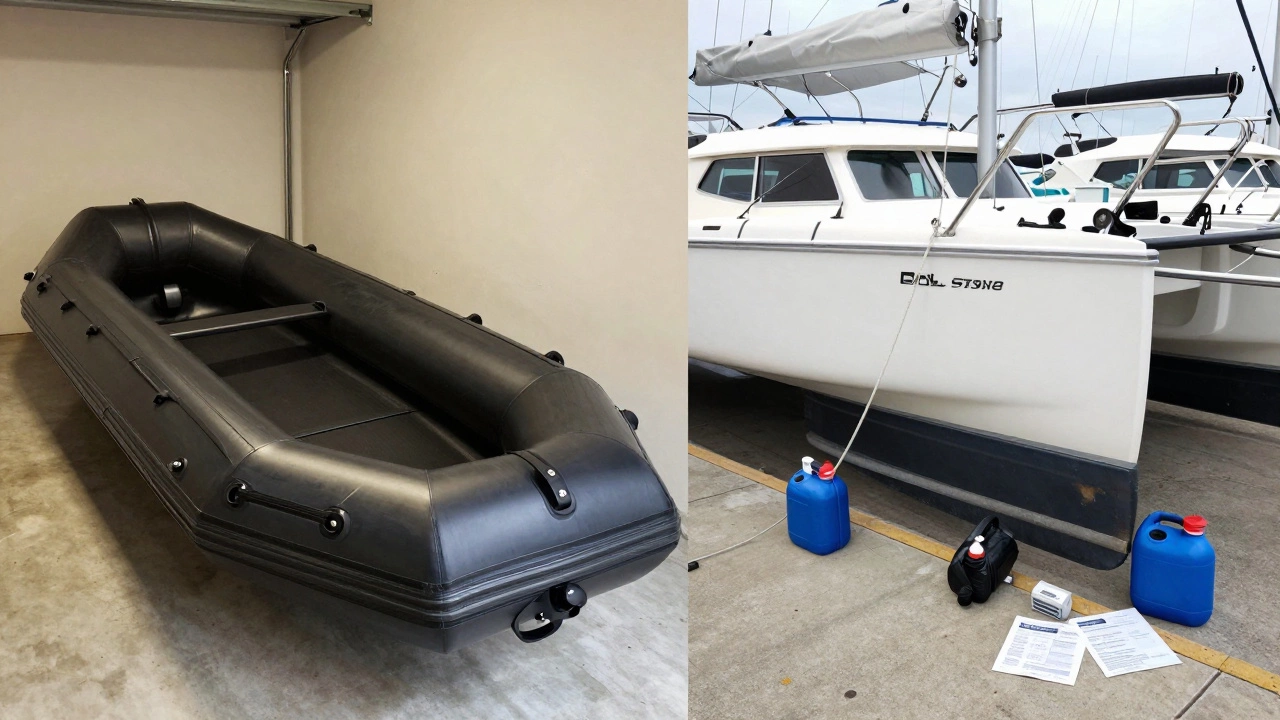 Надувная лодка и катер рядом — сравнение размеров и хранения.