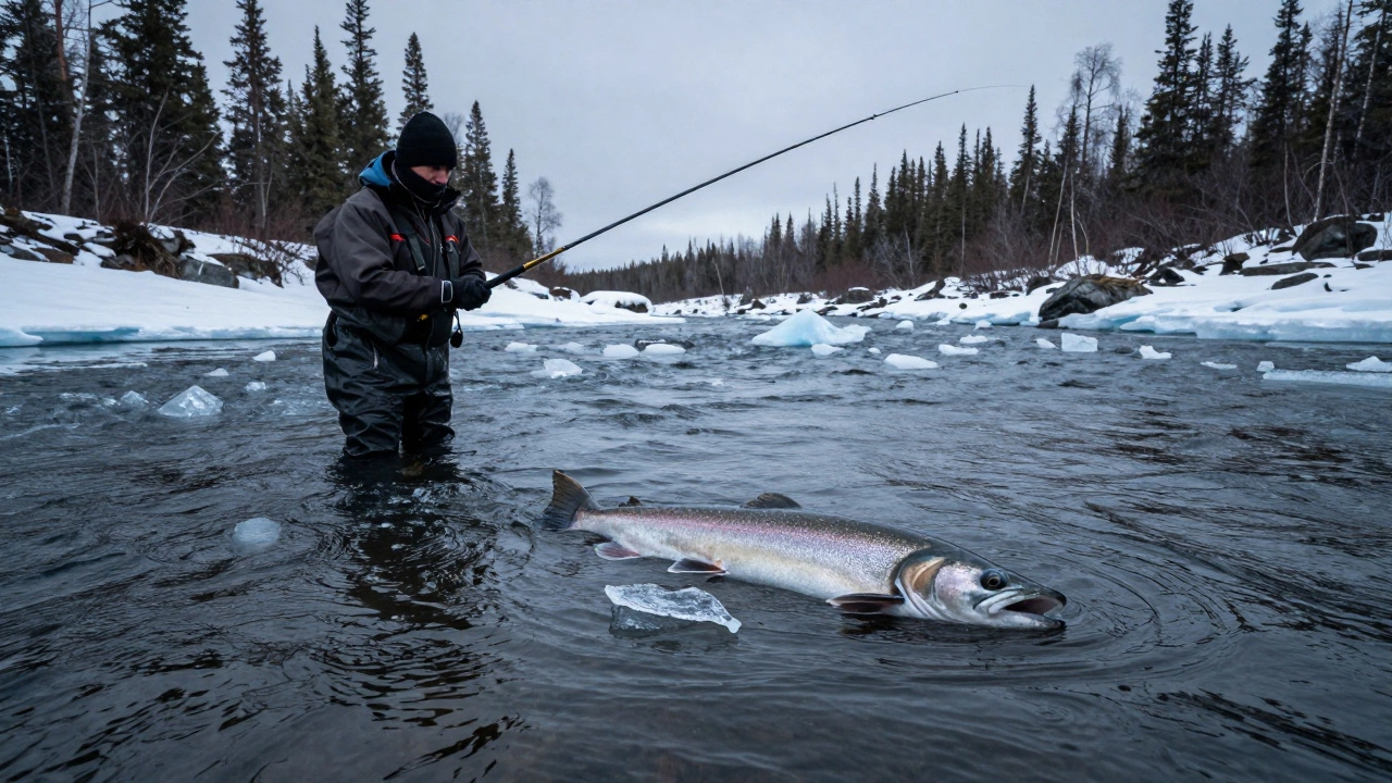 Нельма в холодной реке медленно осматривает приманку, но не клюёт.