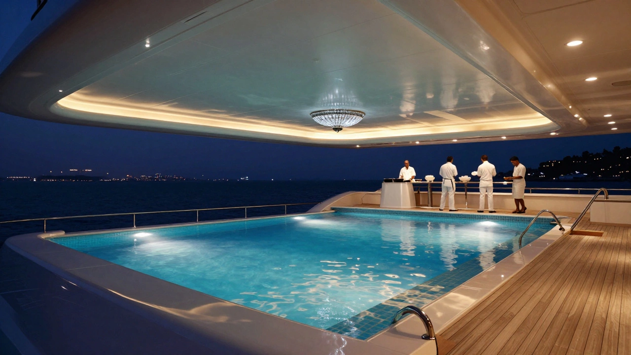 Ночной вид бассейна на палубе яхты с огнями и командой обслуживания