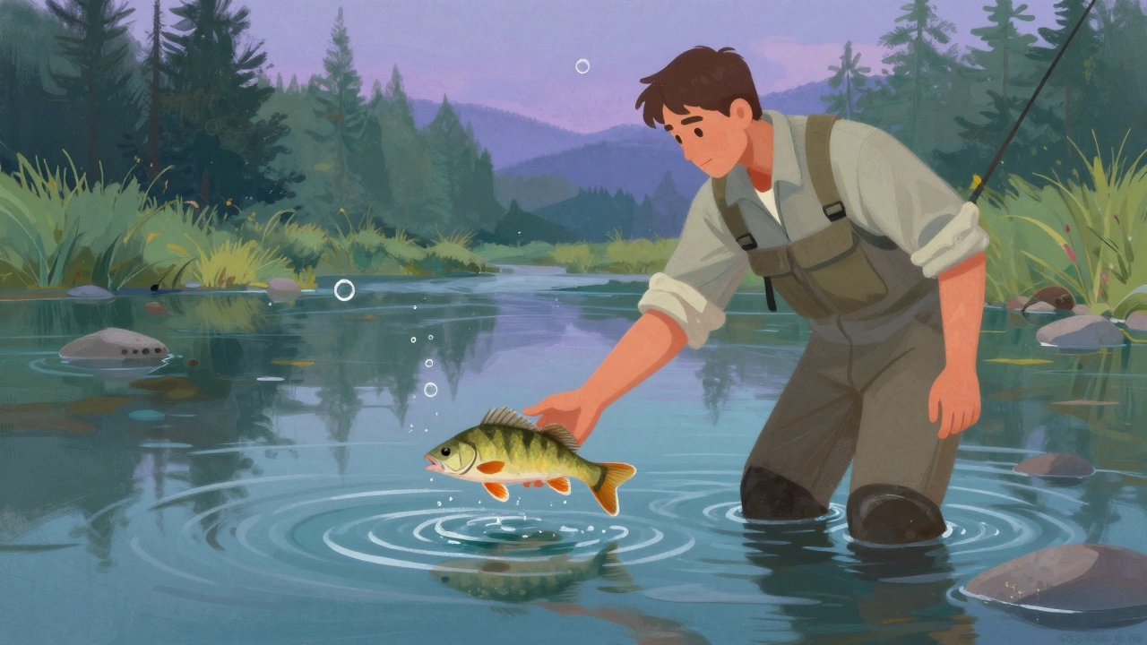 Отпуск мелкого окуня обратно в чистую реку