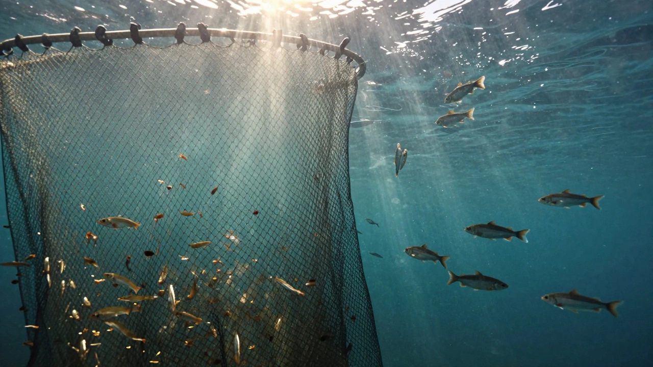 Подводная сцена: мелкая рыба запуталась в слишком мелкой сети, рядом — легальная сеть с крупной ячейкой.