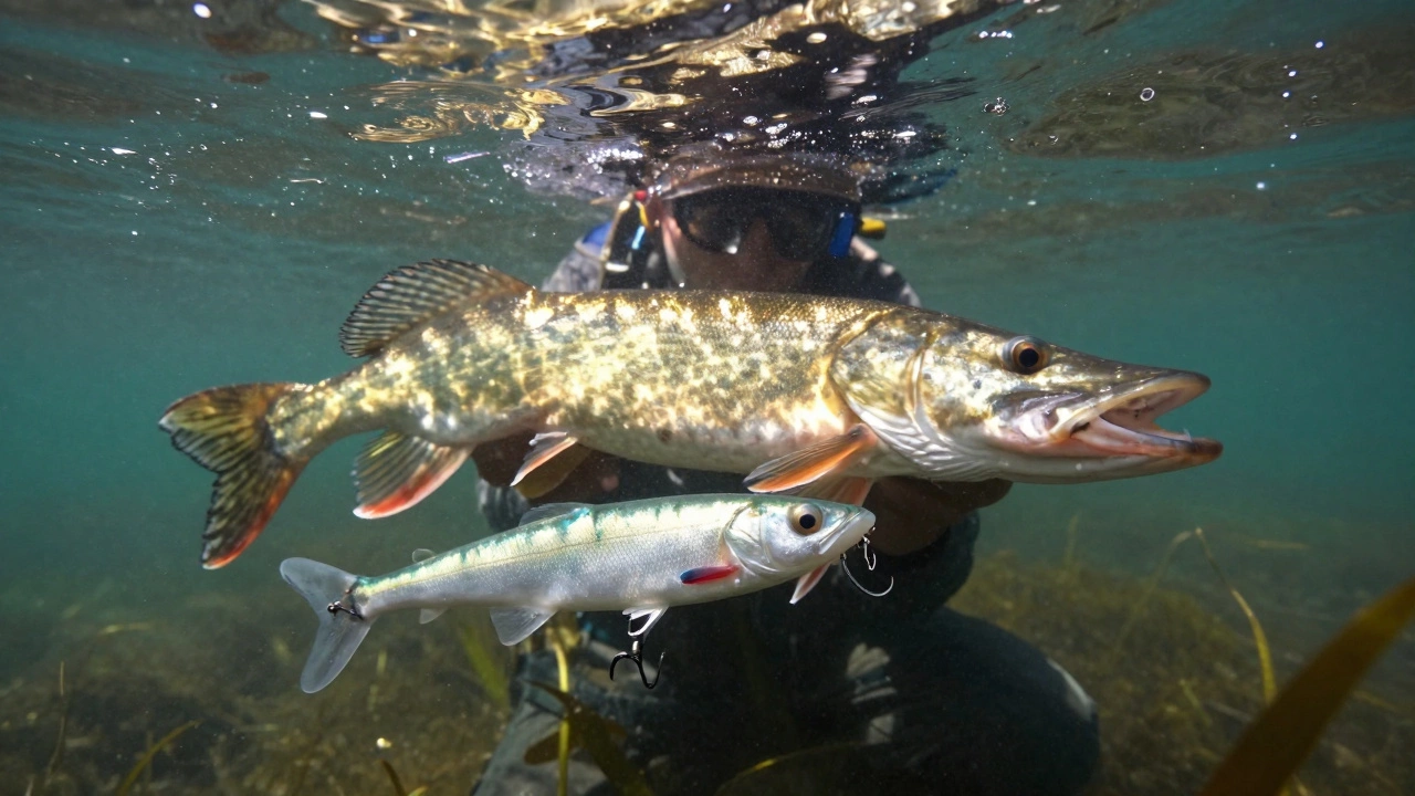 Подводный вид: три хищные рыбы реагируют на движение серебристого твистера в прозрачной воде среди водорослей.
