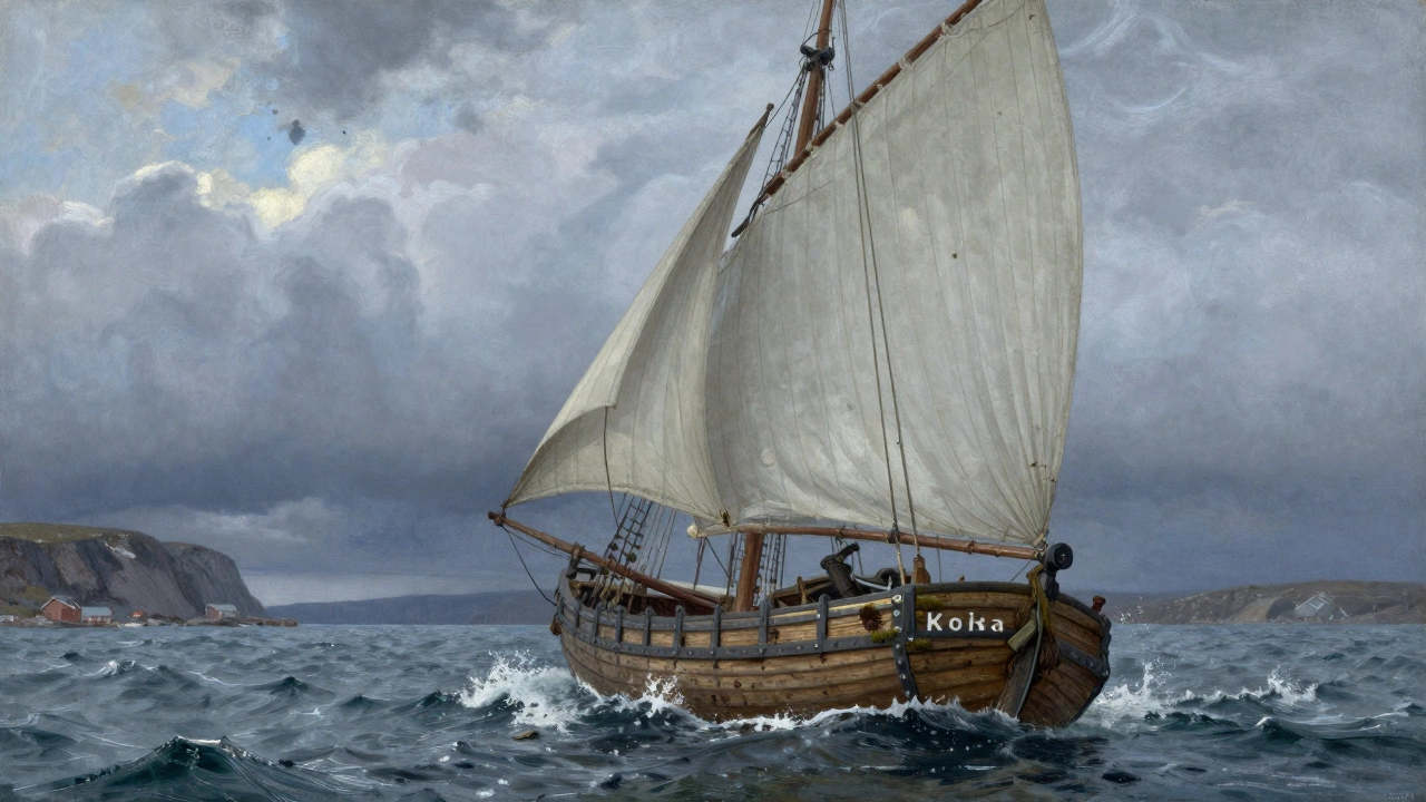 Поморская коча на волнах Белого моря с парусом и деревянным корпусом.