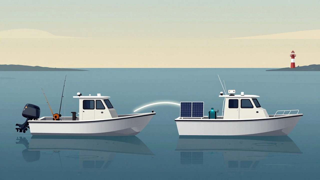Преобразование катера в яхту: слева — простая лодка, справа — оснащенная яхта с каютой и солнечными панелями.