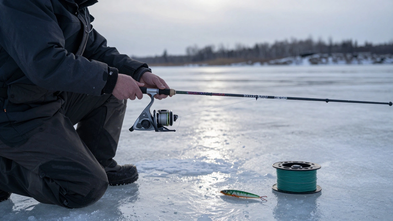 Профессиональный рыбак на льду реки с удочкой, на леске — узел репшнур, рядом лежат снасти.