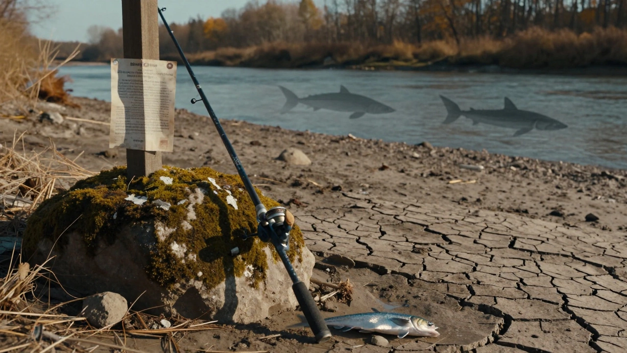 Пустая удочка у высохшего русла реки — символ исчезнувших видов рыб.