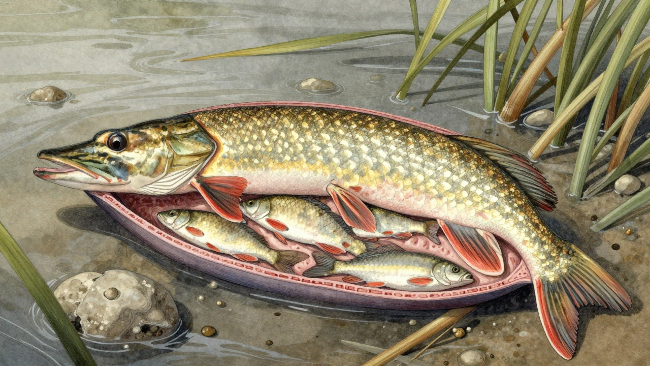 Разрез желудка щуки с видимыми остатками пескаря, окуня и мелкого сомика.