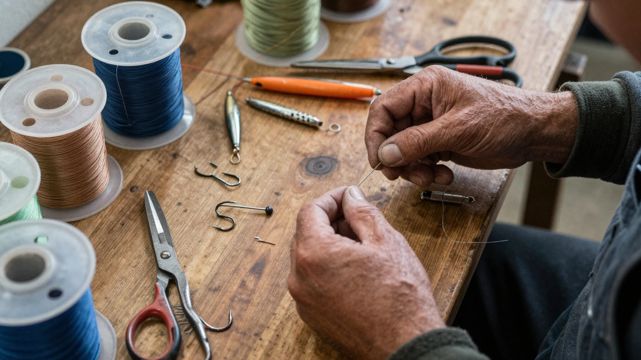 Руки рыбака привязывают крючок к леске на столе