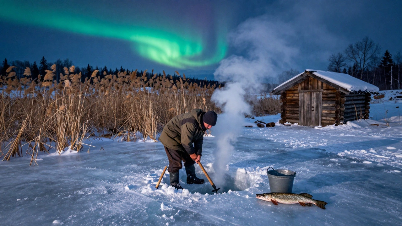 Русский рыбак ловит рыбу подо льдом в Сибири при свете северного сияния.