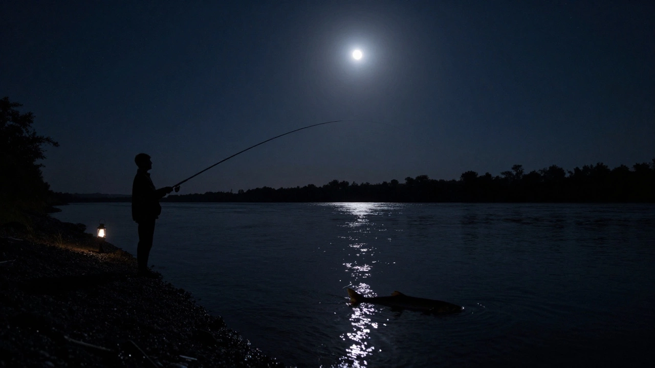 Рыбак ловит в новолуние под звёздным небом, рыба видна под поверхностью воды.
