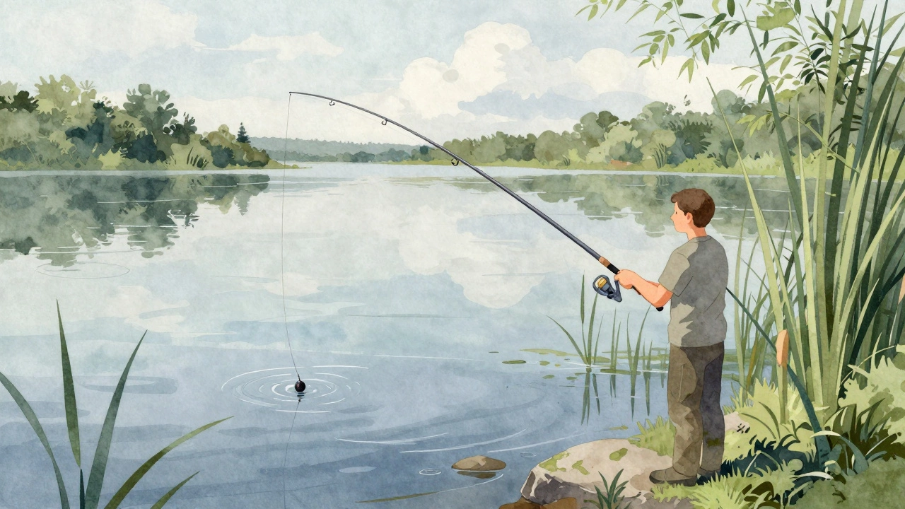 Рыбак на берегу реки в Воронежской области ловит на поплавочную снасть, поплавок чуть под водой.